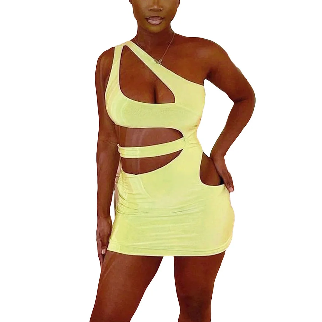 wsevypo Women One Shoulder Cutout Bodycon Dress Summer Sexy Solid Color Sleeveless Hollow Out Mini Dress Beach Party Streetwear