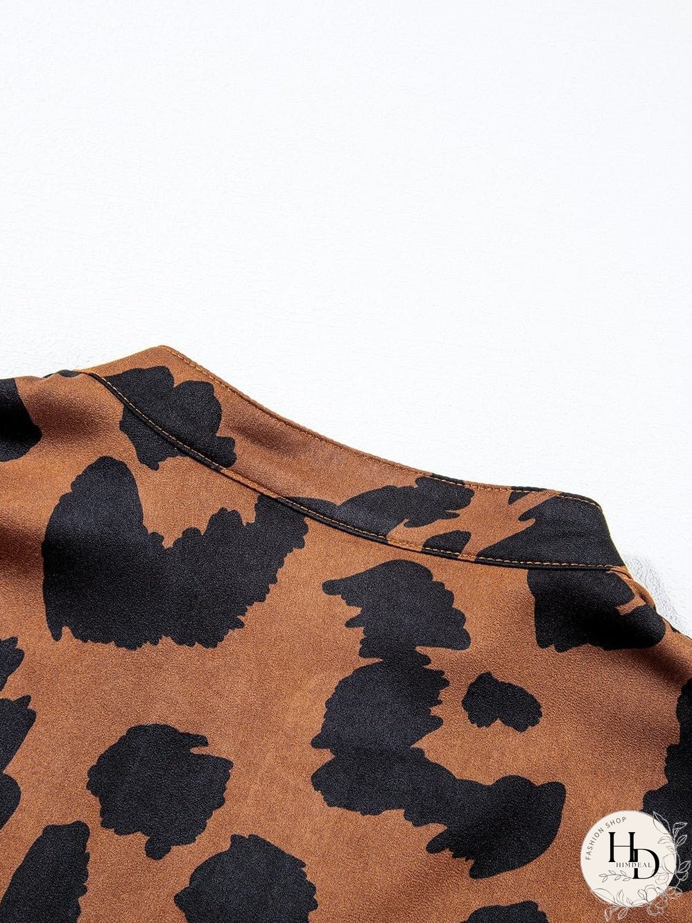 Leopard Print Split Neck Ruffle Sleeve Brown Blouse