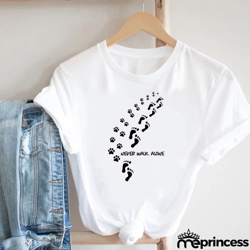 Women Loose Simple Cartoon Cat Footprint Print Round Neck Short Sleeve T-Shirt