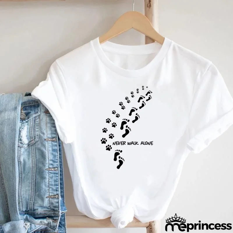 Women Loose Simple Cartoon Cat Footprint Print Round Neck Short Sleeve T-Shirt