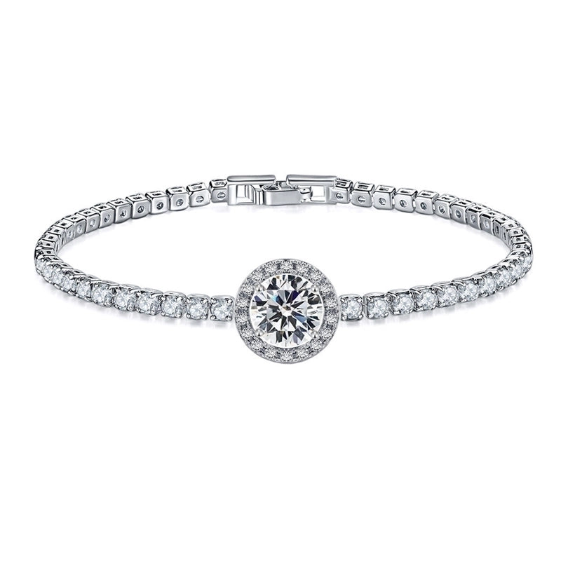 Copper Rhodium Plated Minimalist Shiny Inlay Round Water Droplets Heart Shape Zircon Tennis Bracelet