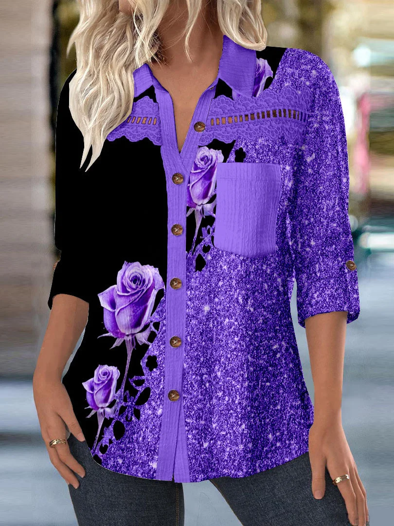Women 3/4 Sleeve Shirt Collar Floral Printed Graphic Lace Button Pockets Tops