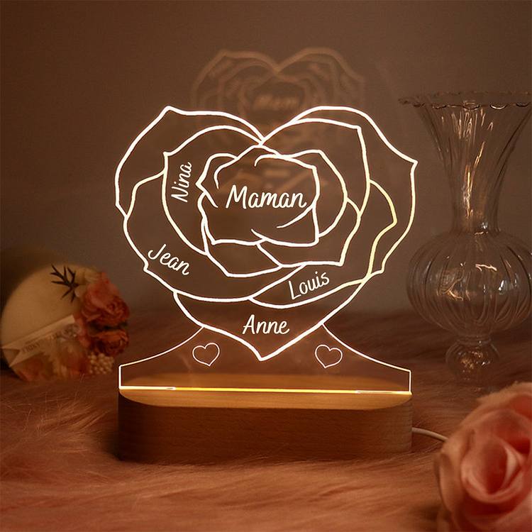 Lampe de chevet LED Rose 4 prénoms personnalisée avec texte Jessemade FR