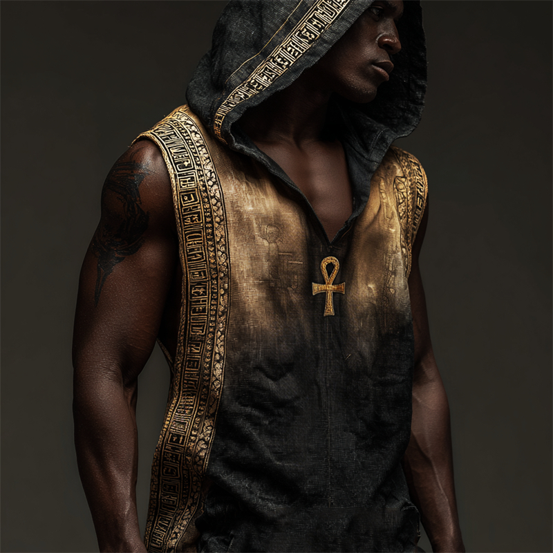 Men's Ankh Ancient Egyptian Golden Gradient Hooded Linen Tank