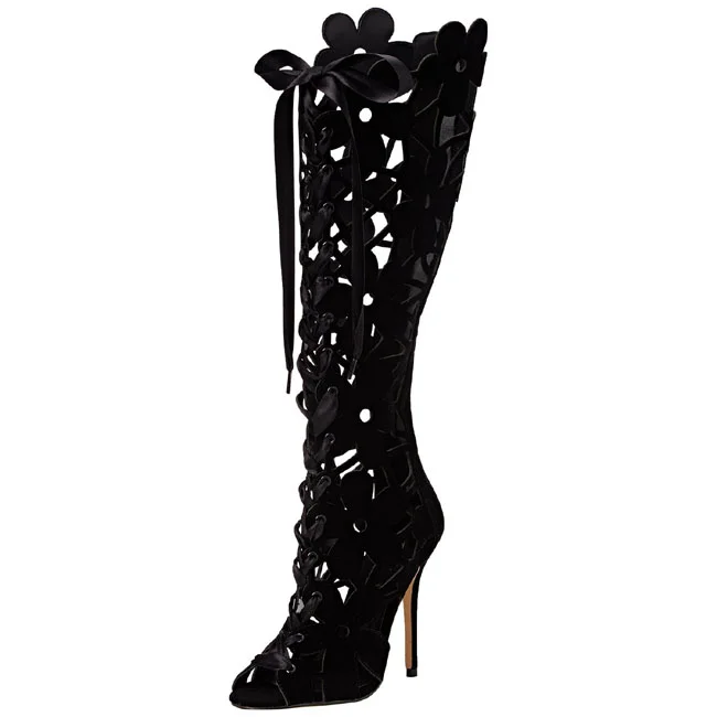 Black Peep Toe Ribbon Lace Up Flower Shaped Gladiator Heels |FSJ Shoes