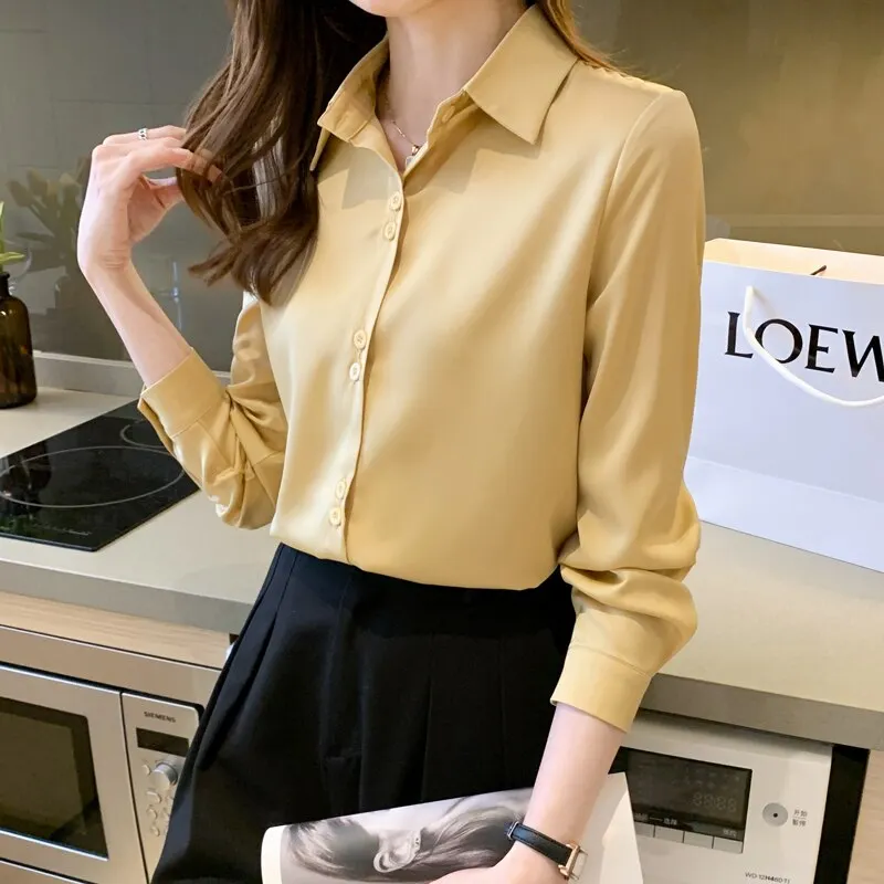 2021 Fashion Satin Long Sleeve Blouses Button Up White OL Vintage Tops V-neck Solid Ladies&rsquo; Tops Women's Silk Shirts Women 17278
