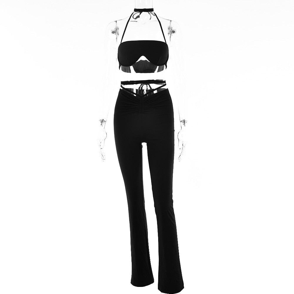 Articat Black Sexy Sleeveless Two Pieces Sets Women Halter Bandage Crop Top Flare Pants Slim Matching Set Backless Club Outfits