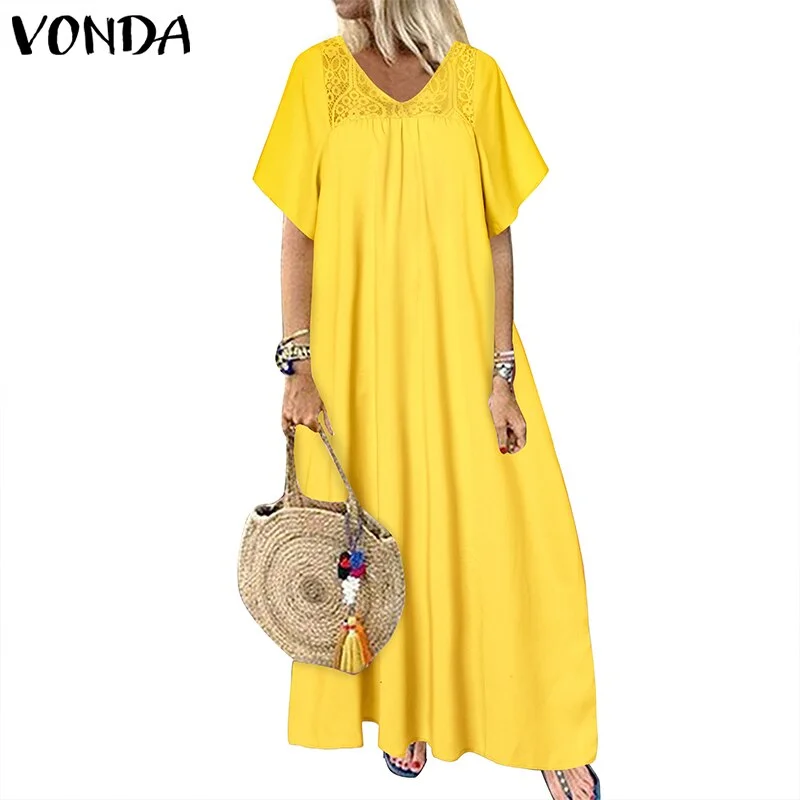VONDA 2022 Women Fashion Casual Loose Sundress Bohemian Summer Retro Lace Patchwork Holiday Robe Half Sleeve V Neck Long Dress