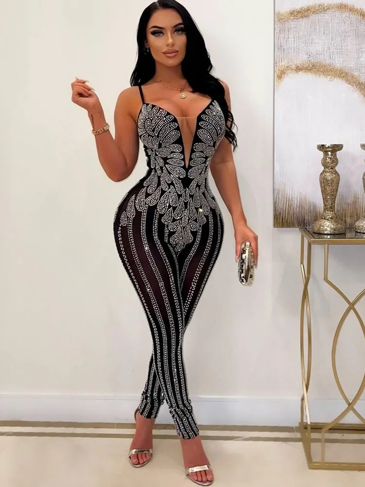 Women's Chic Rhinestone See-Through Mesh Bodysuit Jumpsuit - Elegant Clubwear