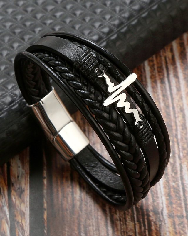 Men's Simple Leather Bracelet ECG Style Bracelet