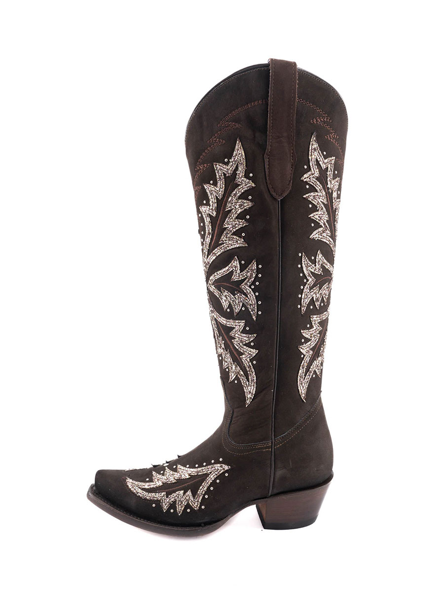 Brown Snip Toe Chunky Heel Embroidered Studded Cowgirl Boots for Women