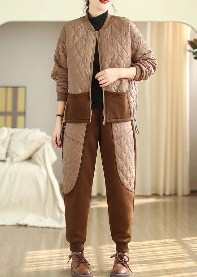 Casual Light Brown Fine Cotton Filled Sport Two Piece Set Winter