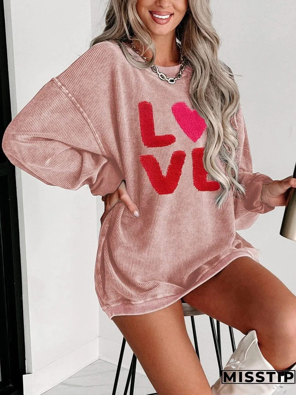 Chenille LOVE Pink Corded Graphic Sweatshirt