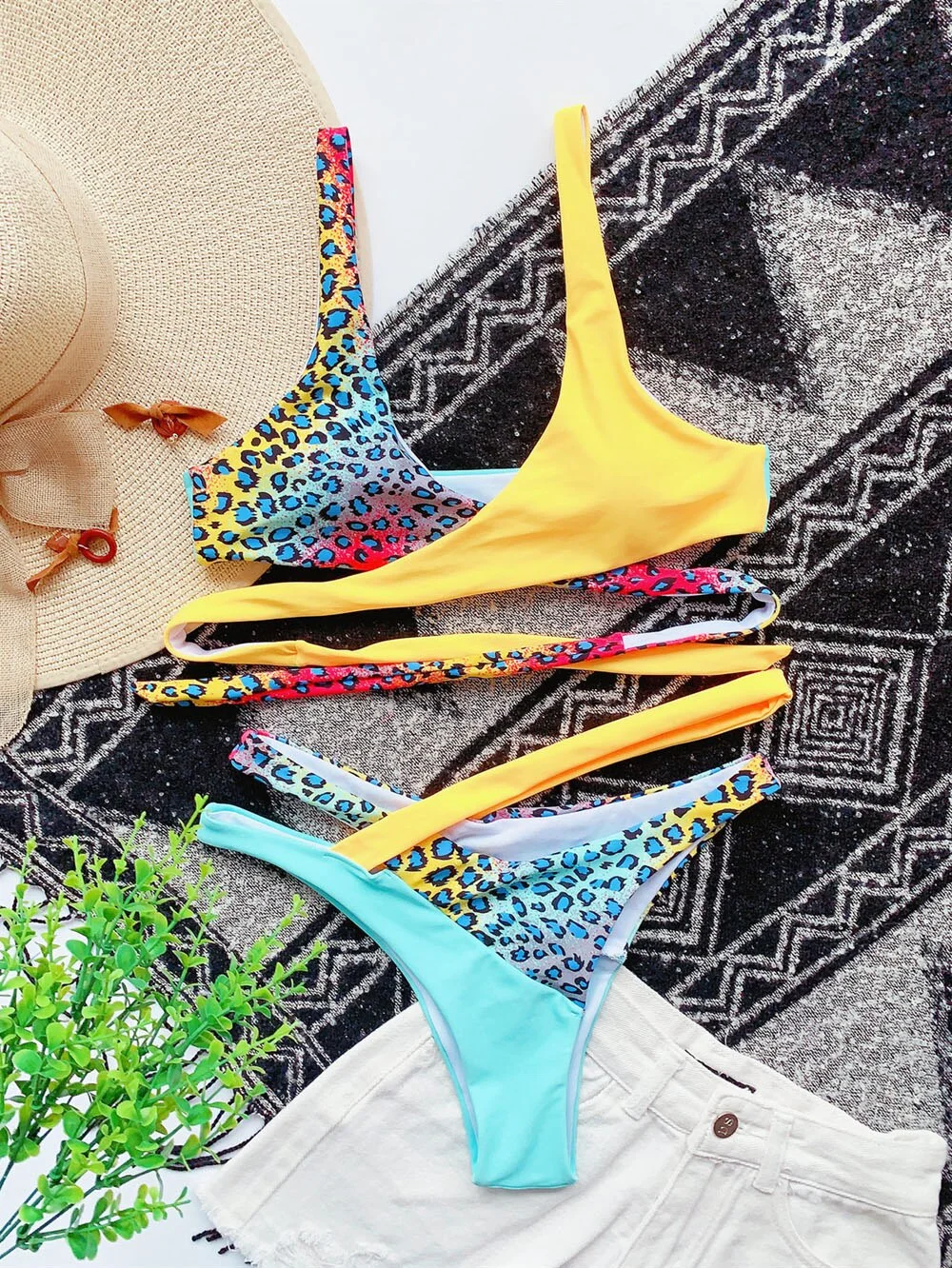 2021 Summer Colorful Splicing Bikini Female Swimsuit Women Swimwear Hollow Out Bikini set Asymmetric  Bather Bathing Suit Swim