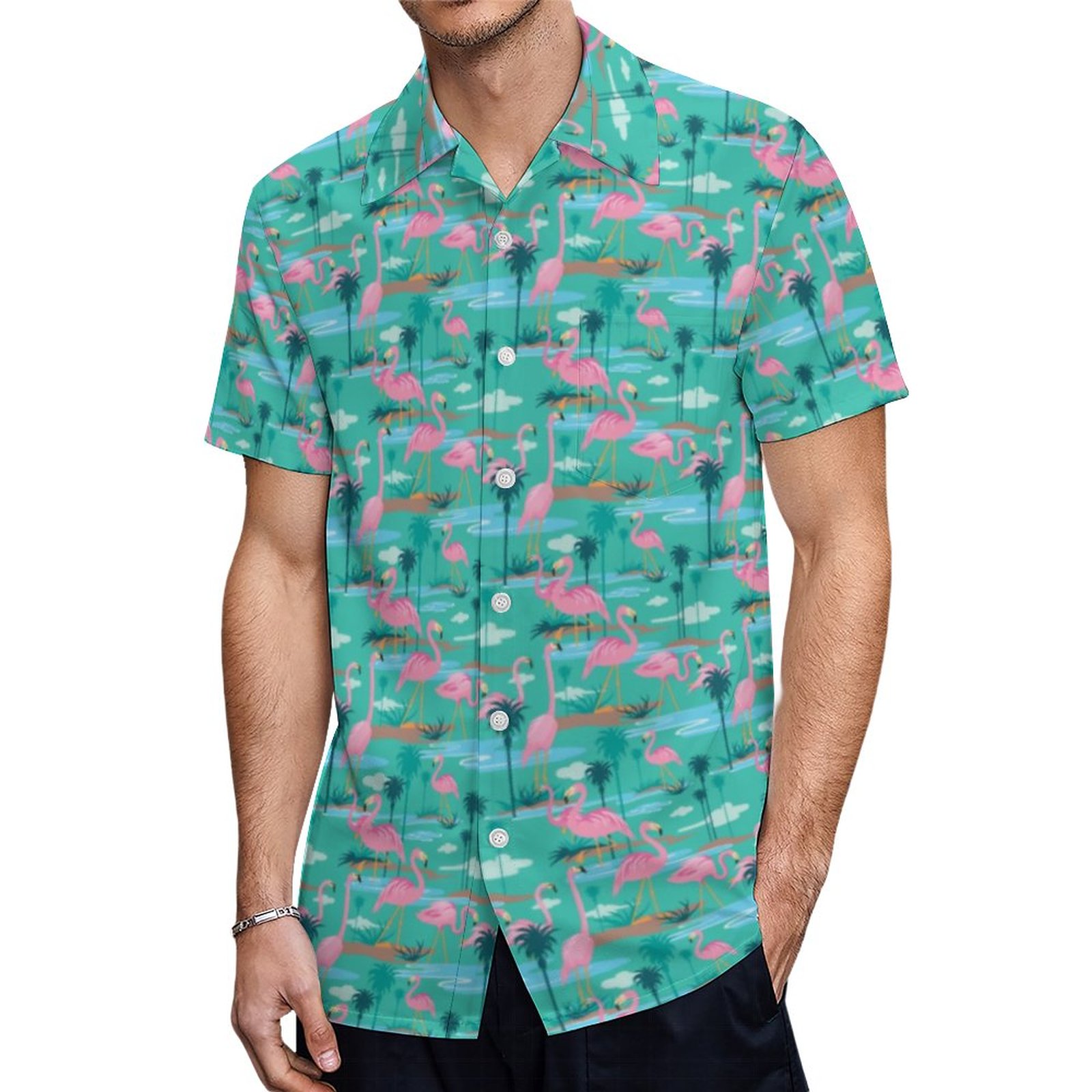 Fun Flamingo Print Hawaiian Shirt Mens Button Down Plus Size Tropical Hawaii Beach Shirts