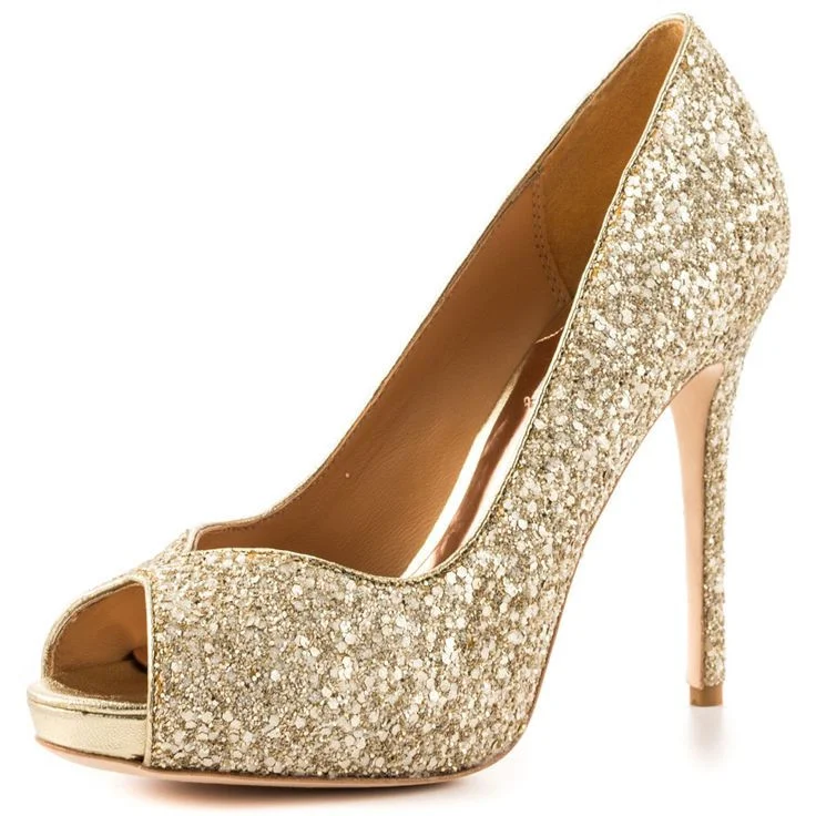 Golden Glitter Peep Toe Prom Stiletto Heels Vdcoo