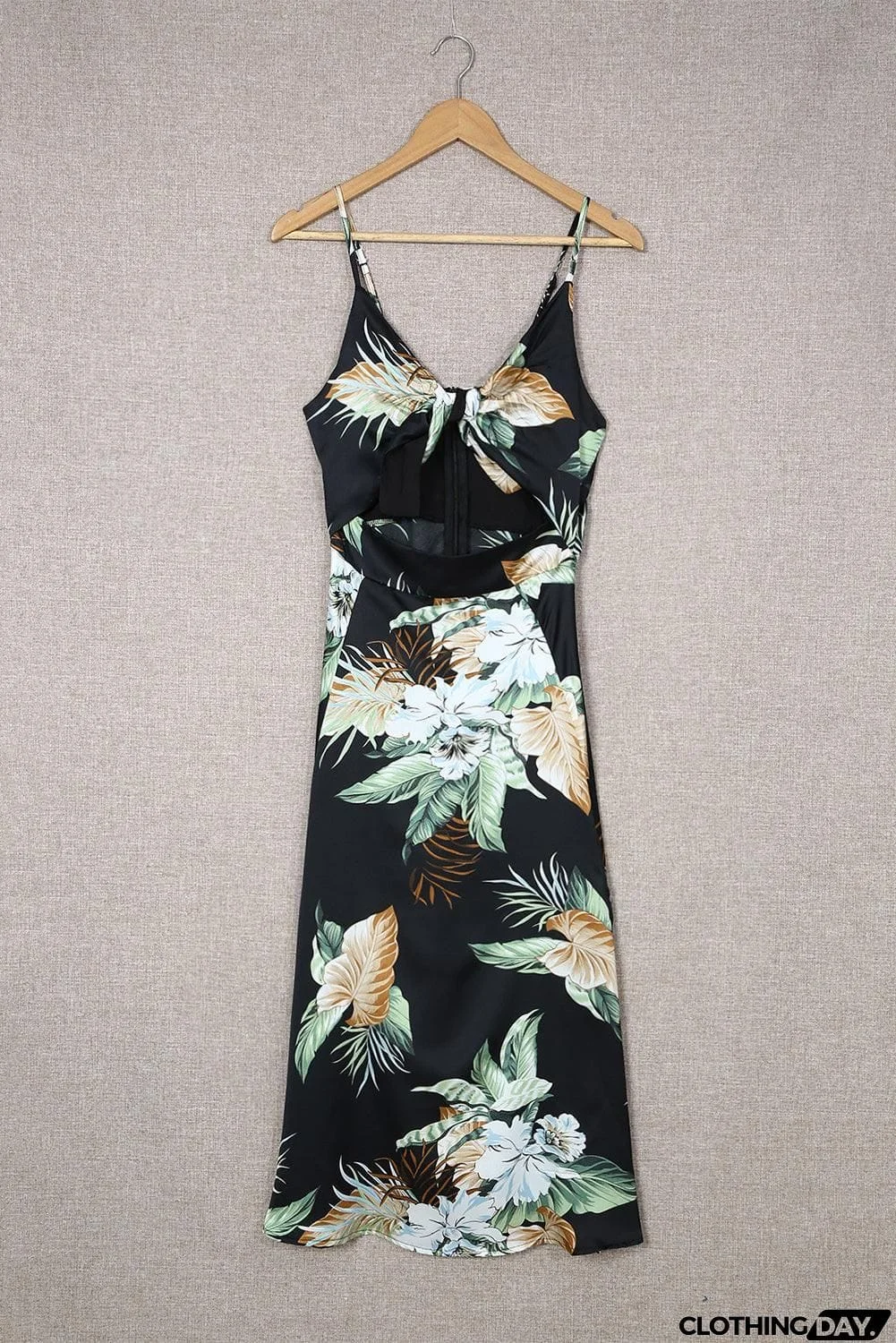 Floral Tied Cutout Split Spaghetti Strap Dress