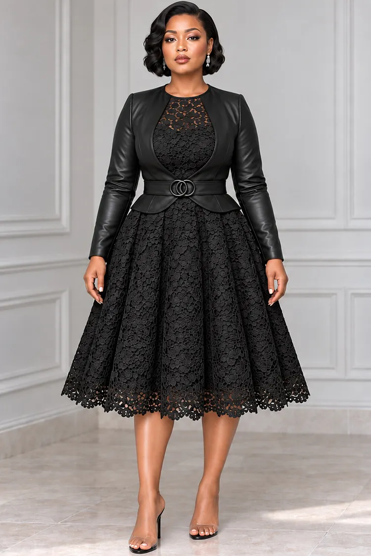 Xpluswear Design Plus Size Business Casual PU Leather Black Round Neck Long Sleeve Lace Two Piece Dress Set [Pre-Order] 2024 - Xpluswear