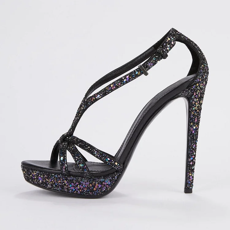Sparkling Black Glitter Stiletto Heel Ankle Strap Platform Sandals |FSJ Shoes