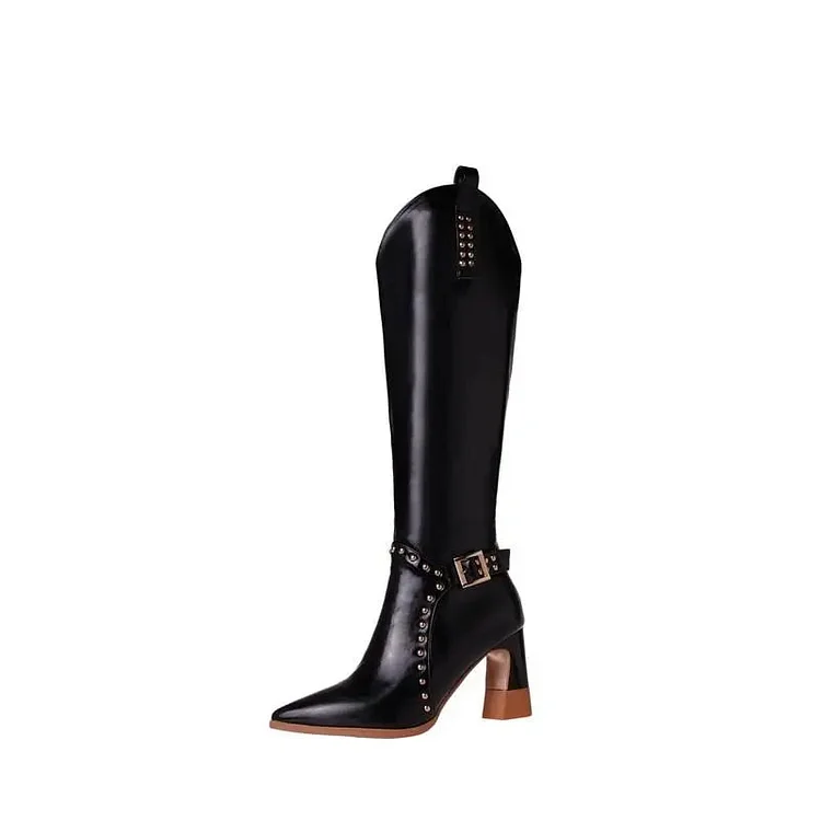 - White Pointed Toe Rivet Western Boots Pu Leather Side Zipper High Heels Knee High Boots Newest Fashion Autumn Winter Women Shoes
