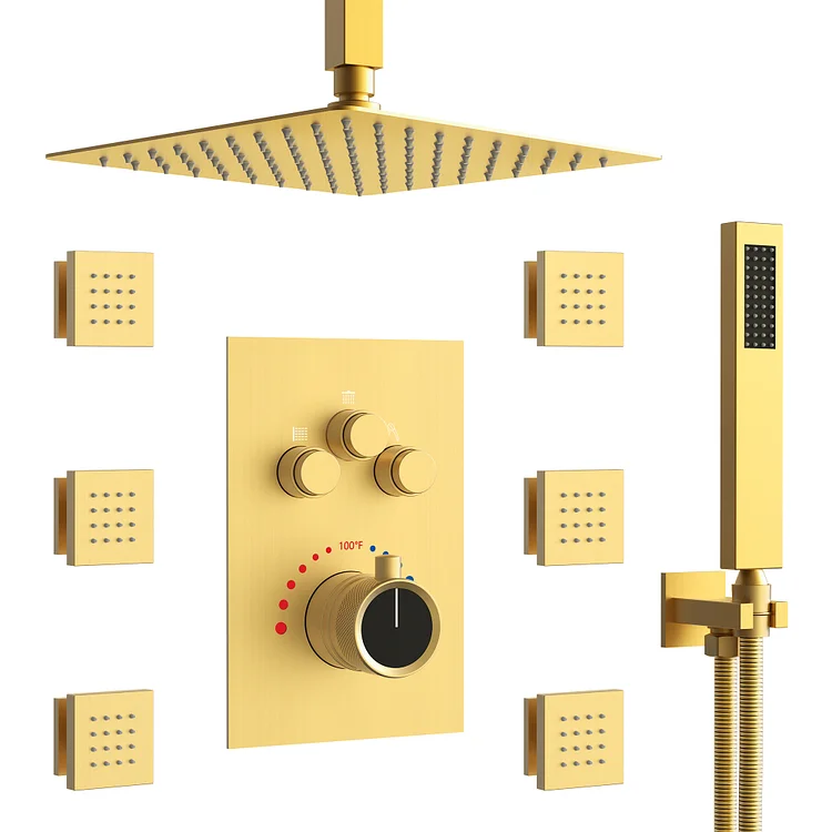 EVERSTEIN Thermostatic Full-body Rainfall Shower System in Brushed Gold SFS1006-GD12