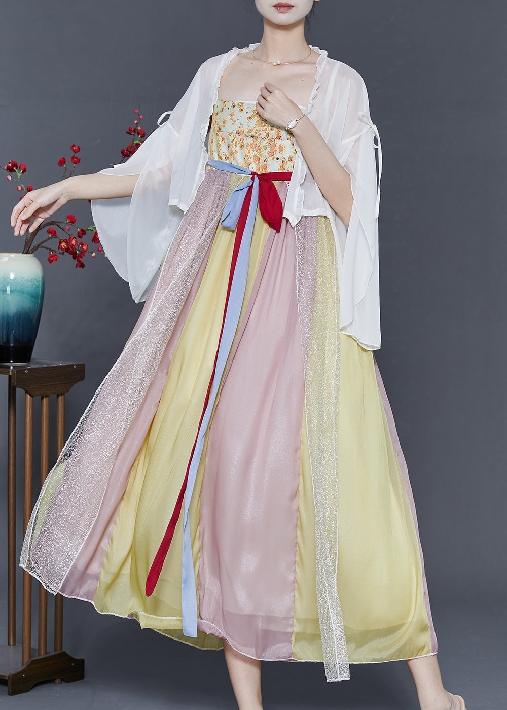 VCSHOES Cinched Patchwork Exra Large Hem Chiffon Two Pieces Set Summer