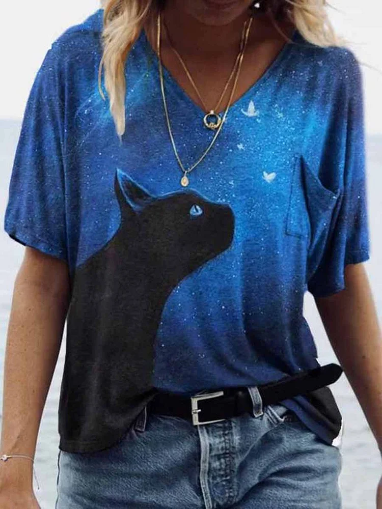 Print Cat T-shirt Butterfly Painting