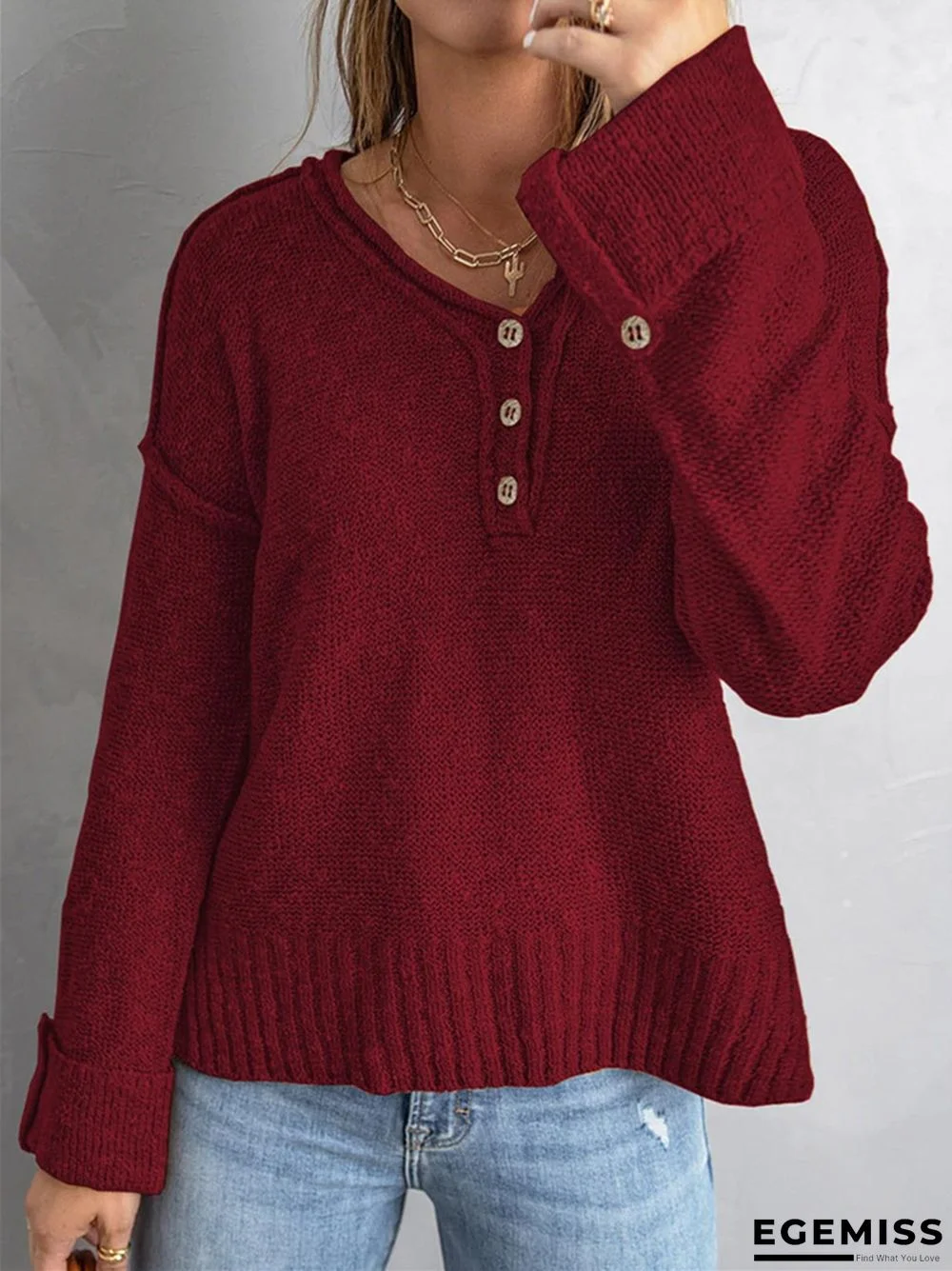 Fashion Solid Color Loose Button Knitted Sweater | EGEMISS