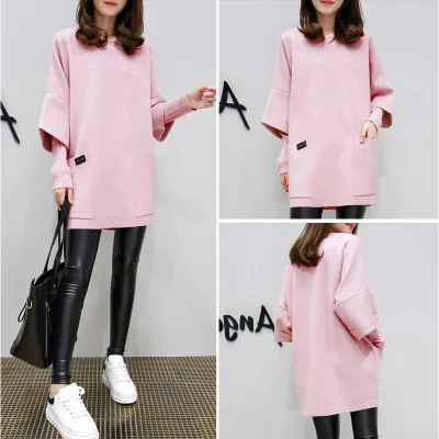 Uveng Uveng Autumn / Winter New Plus Size Women's Fat MM Loose Splicing Long Sleeve Coat Long Solid Color Top Round Collar Hoodie