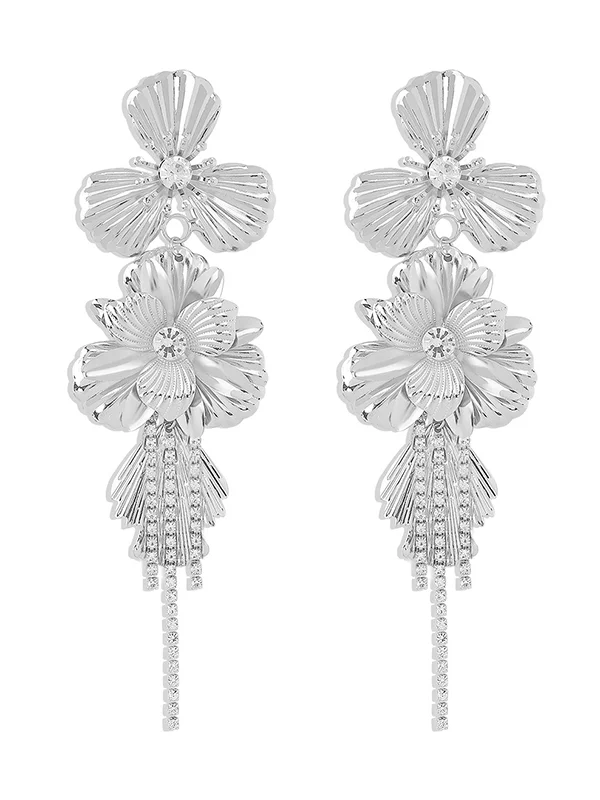 Flower Shape Rhine Stones Tasseled Drop Earrings
