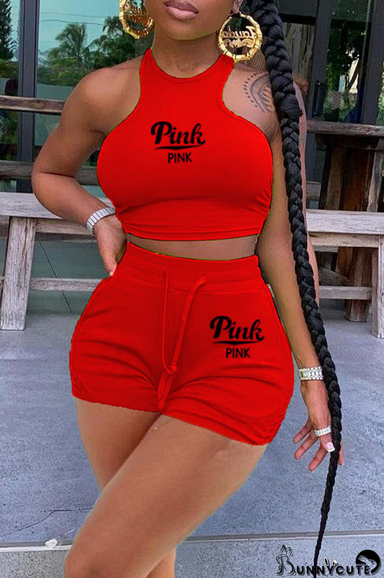 Red Fashion Print Patchwork O Neck Sleeveless Two Pieces