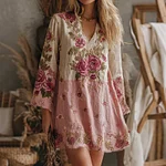 Women's V Neck Boho Classy Gradient Pink Roses Embroidered Art Casual Dress - Image 4