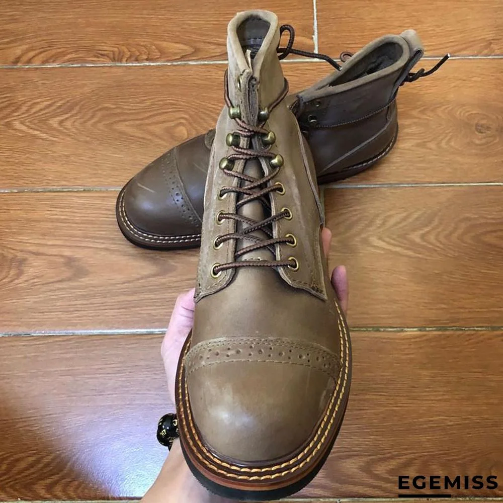 Genuine Genuine Leather Lace-Up Vintage High Quality Tooling White Ankle Boots Motorcycle Boots | EGEMISS