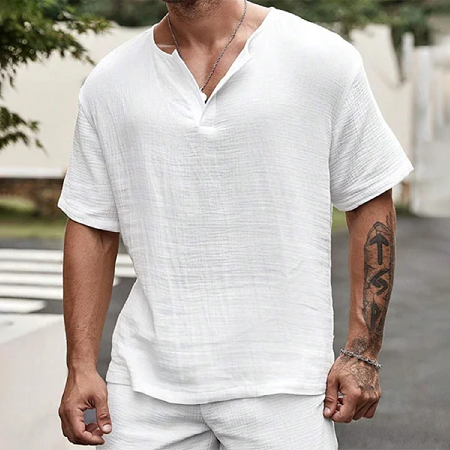 Textured White Cotton And Linen Men's Short-sleeved Shirt / TECHWEAR CLUB / Techwear