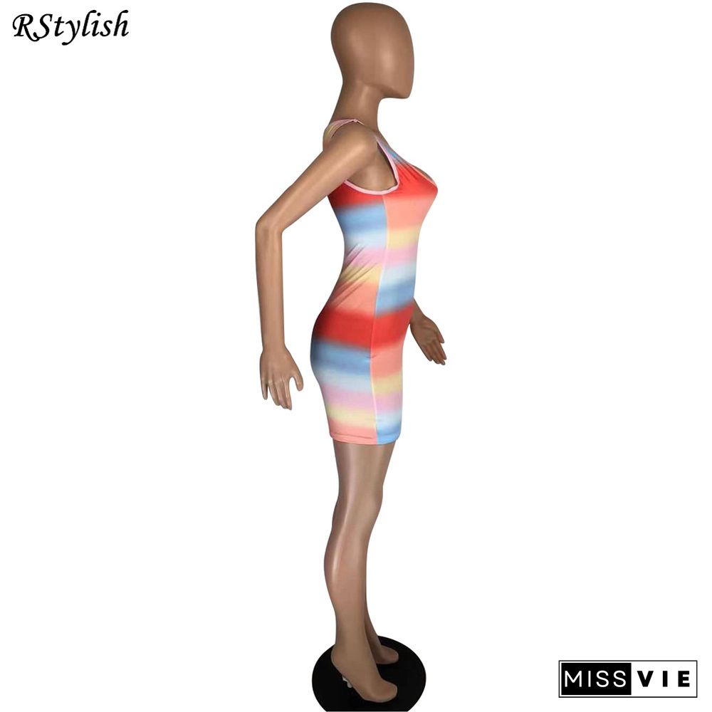 Women Vintage Rainbow Stripe Print Sleeveless Mini Dress