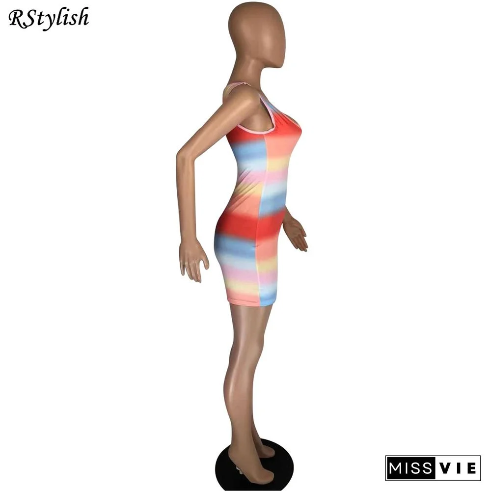 Women Vintage Rainbow Stripe Print Sleeveless Mini Dress