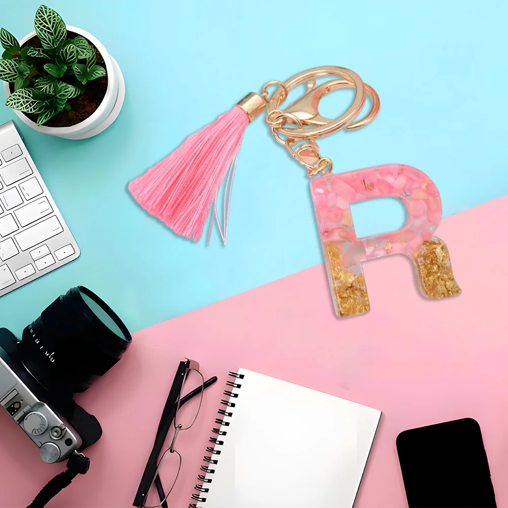 Resin Initial Key Ring with Tassel Alphabet Keyring for Car Keys Wallet Handbags