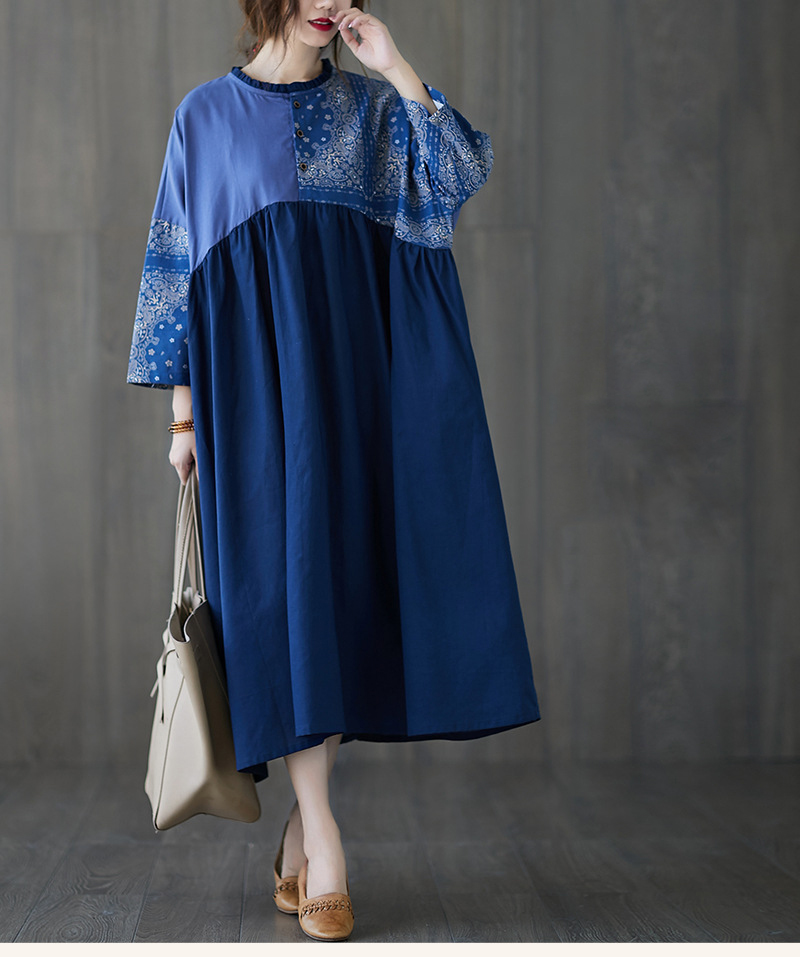 Retro Print Splicing Loose Batwing Sleeve Midi Dress