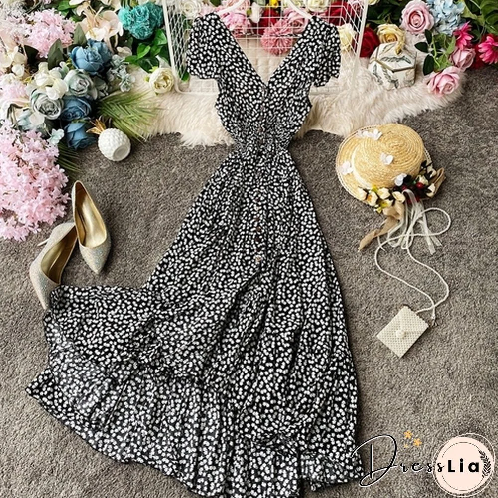 Summer Floral Maxi Dress Women Bohemian Irregular Cotton Backless Ruffle Long Dress Vintage Long Pleated Print Beach Sundress