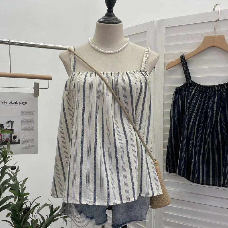 Brownm Vintage Bumpy Striped Small Sling Vest Women's Summer Free Holiday Style Sleeveless Top 8853