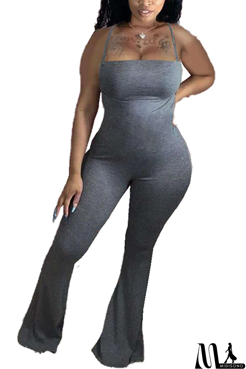 MidiSono - Dark Gray Fashion Sexy Solid Cotton Sleeveless Slip Jumpsuits