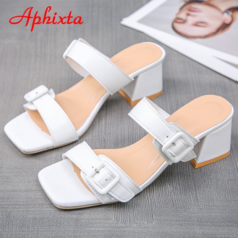 Aphixta 2021 New Buckle 5.5cm Square Heels Slippers Women Open Toe Summer Cool Slides Concise Sandals Mujer Elegant Sandals