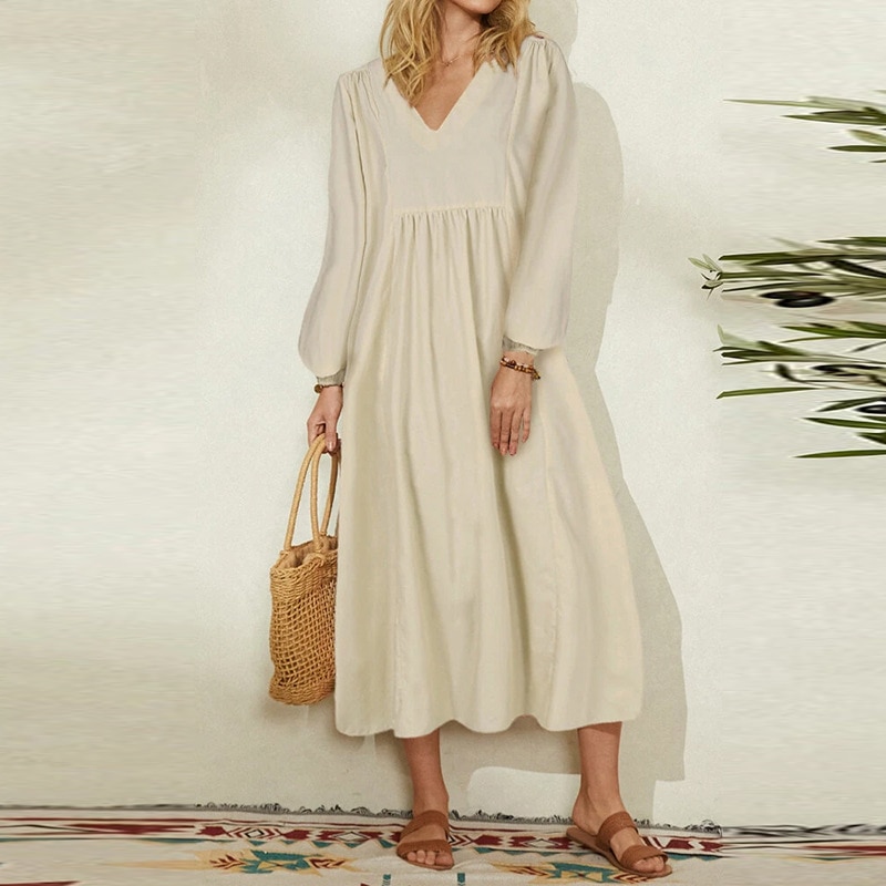 Cotton Linen Solid Color Casual Long Dress 2021 Spring New Women's Lantern Sleeve Dress Elegant Retro Fashion Party Dresses 3XL