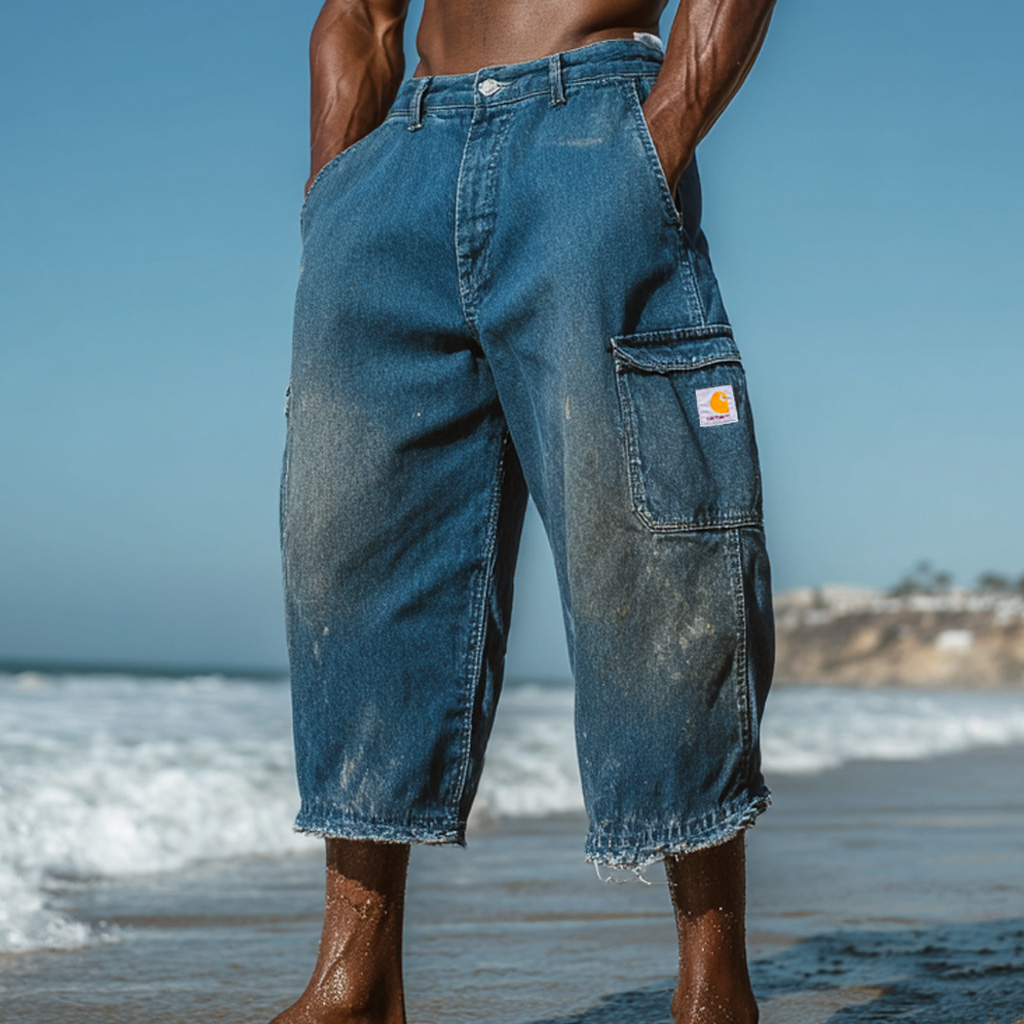 Men's Vintage Beach Casual Denim Distressed Pocket Capri Pants
