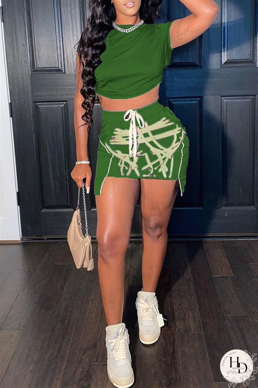 Red Fashion Sexy Print Asymmetrical O Neck Short Sleeve Two Pieces