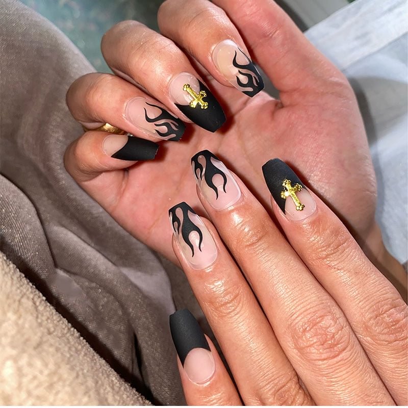 wholesale 24PCS/box fake nails with glue designed Black flame Ballet Mid-length black and white colors press on nails coffin