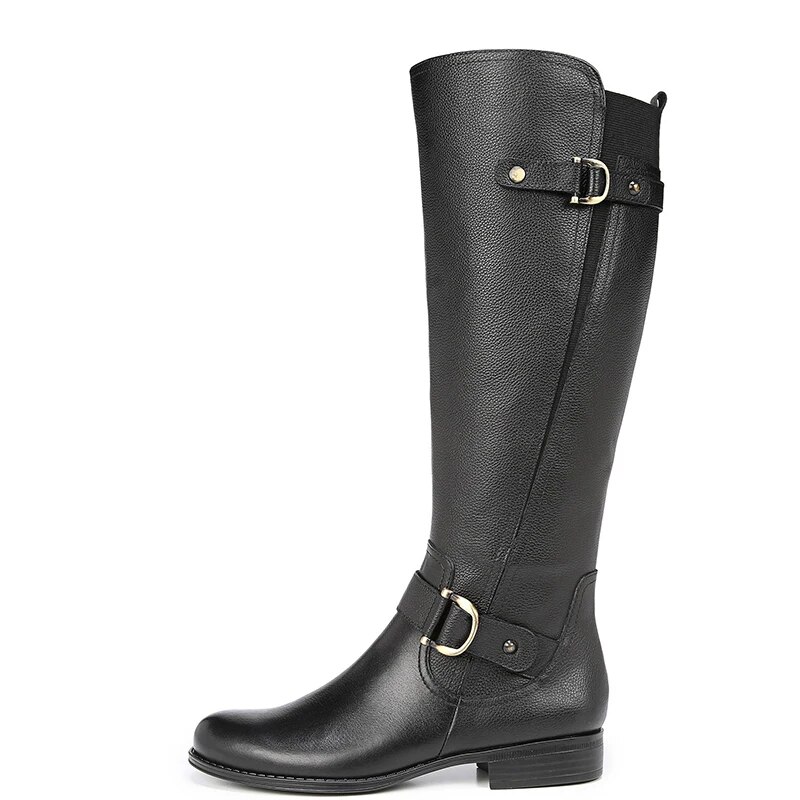 TAAFO Black Rivet Strap Women Knee Long Boots Low Chunky Heels Round Toe Zipper Ladies Shoes