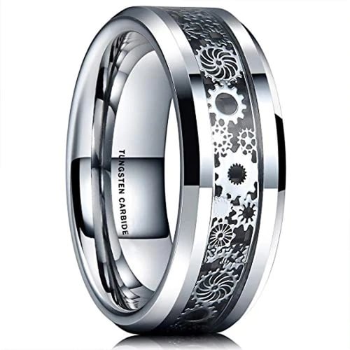Women's or Men's Tungsten Carbide Wedding Band Watches Gear Rings,Silver Band With Silver Watch Gear Resin Inlay Design Over Black Carbon Fiber Tungsten Ring With Mens And Womens Rings For 4MM 6MM 8MM 10MM