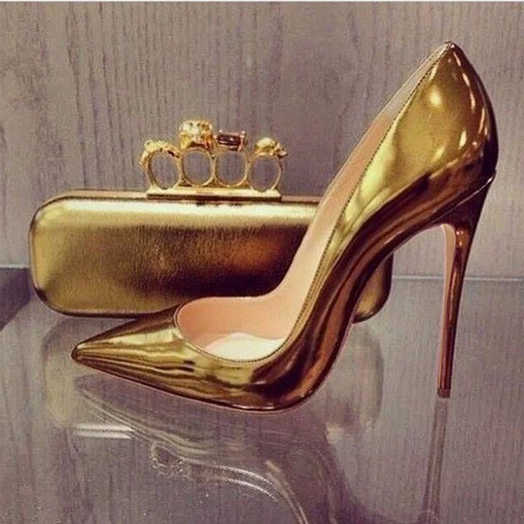 Gold Metallic Heels Pointy Toe Stiletto Heel Pumps for Office Lady |FSJ Shoes