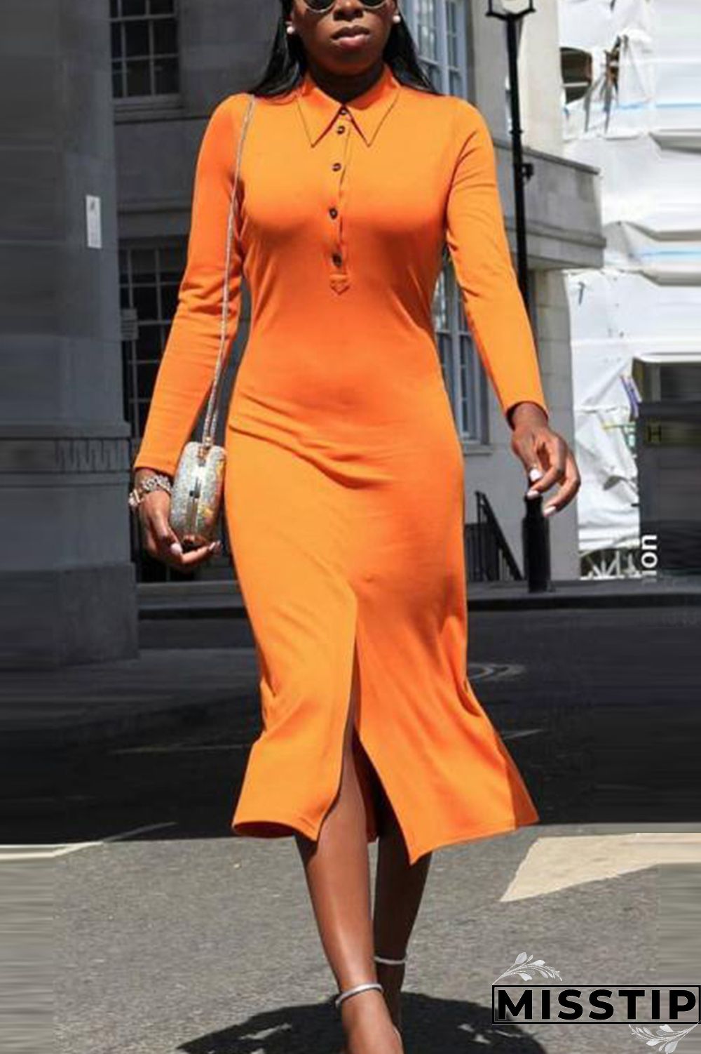 Orange Street Cap Sleeve Long Sleeves Turndown Collar Swagger Mid-Calf Solid Long Sleeve Dresses